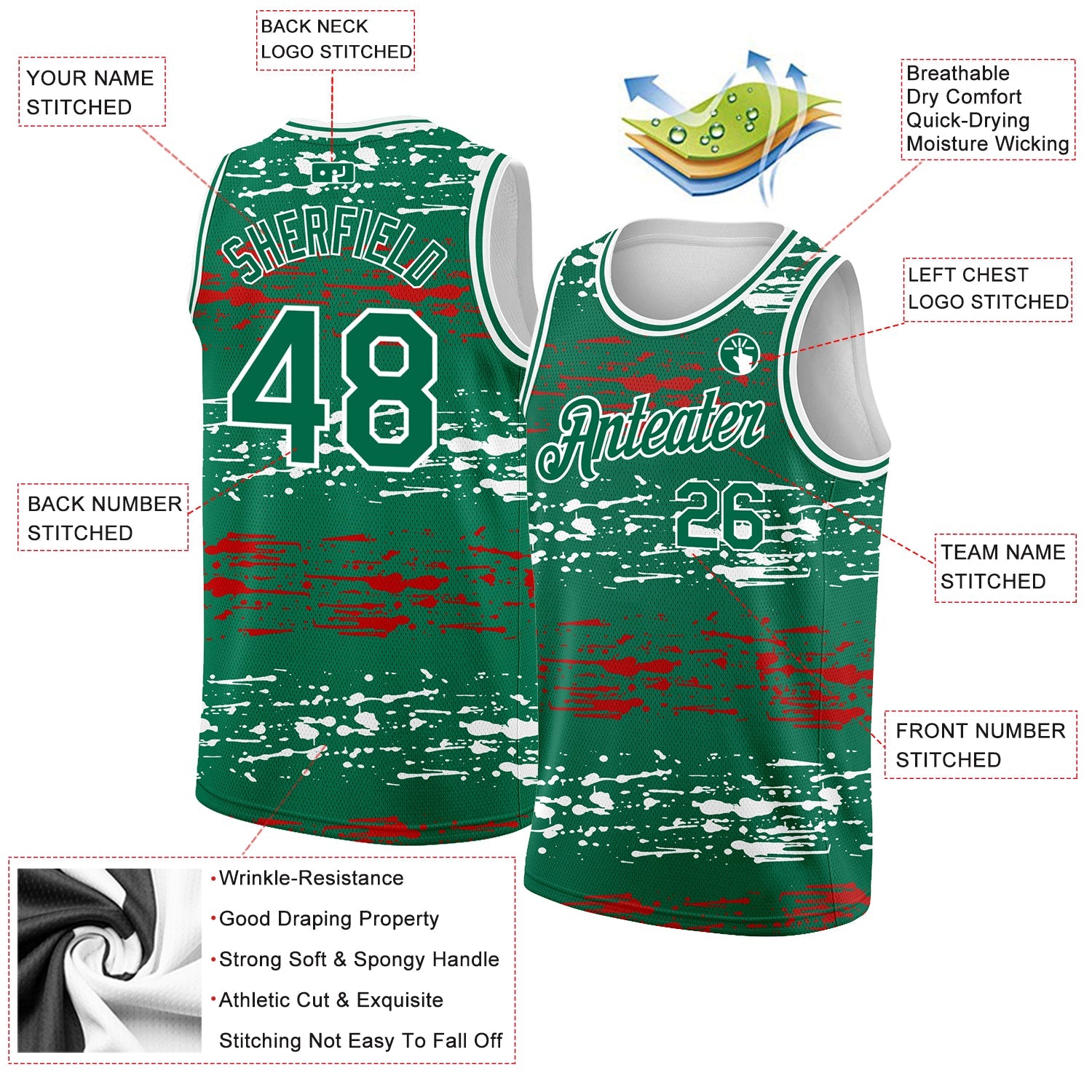 Custom Kelly Green-Red-White 3D Mexico Authentic Basketball Jersey view 2