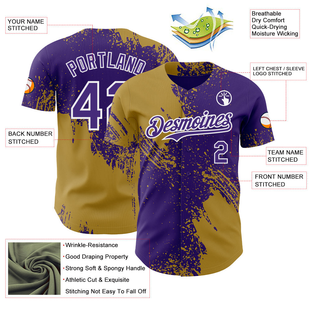 Custom Purple Old Gold-White Abstract Brush Stroke Authentic Baseball Jersey view 3