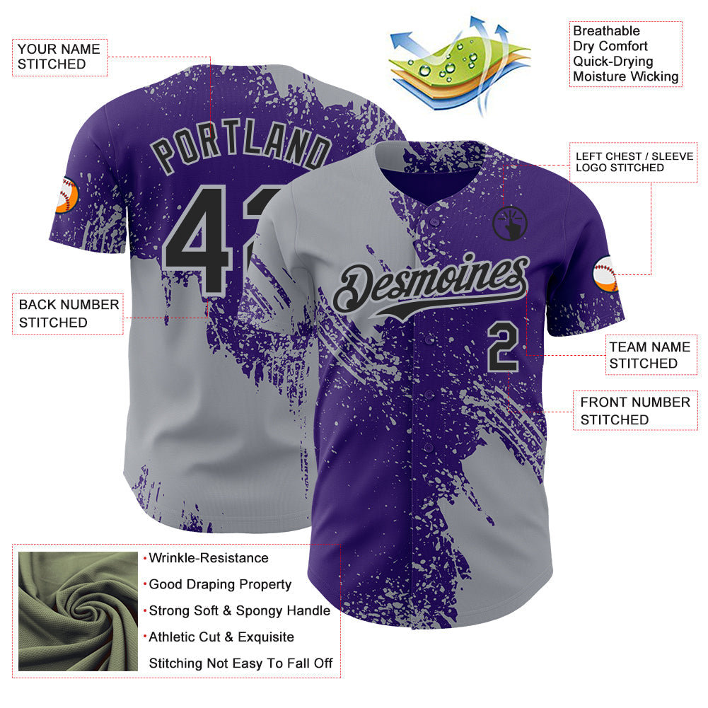Custom Purple Black-Gray Abstract Brush Stroke Authentic Baseball Jersey view 3