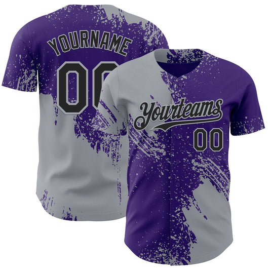 Custom Purple Black-Gray Abstract Brush Stroke Authentic Baseball Jersey - Main View