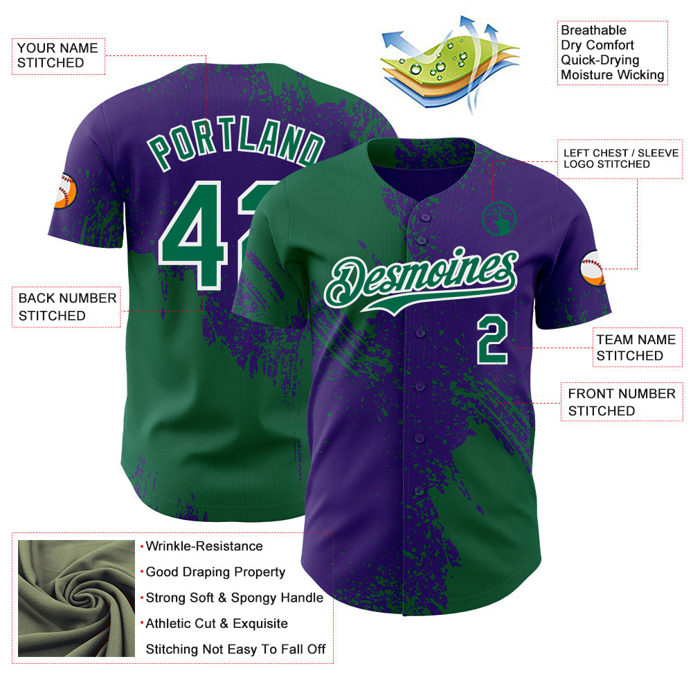 Custom Purple Kelly Green-White Abstract Brush Stroke Authentic Baseball Jersey view 3