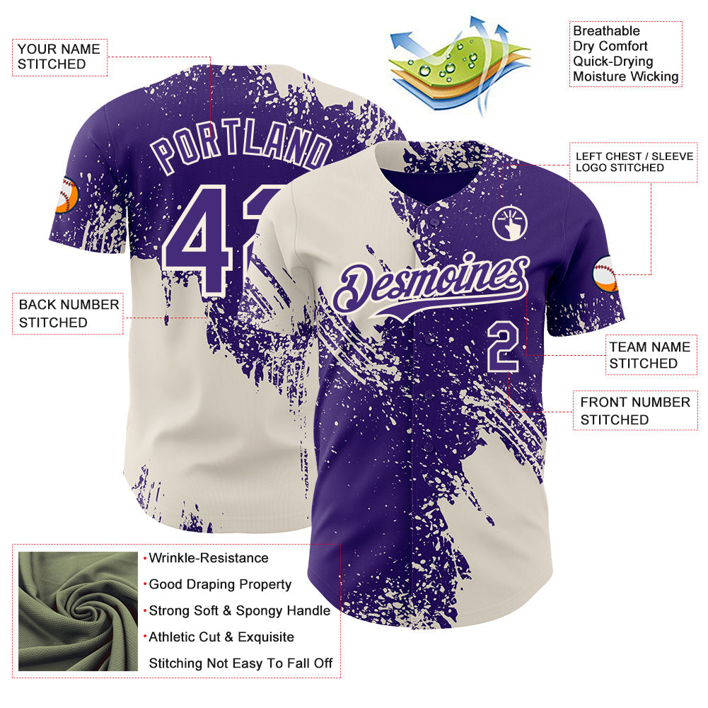 Custom Purple-Cream Abstract Brush Stroke Authentic Baseball Jersey view 3