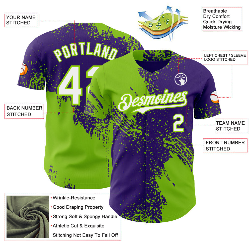 Custom Purple White-Neon Green Abstract Brush Stroke Authentic Baseball Jersey view 3