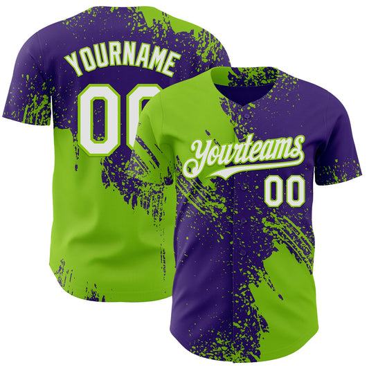 Custom Purple White-Neon Green Abstract Brush Stroke Authentic Baseball Jersey - Main View