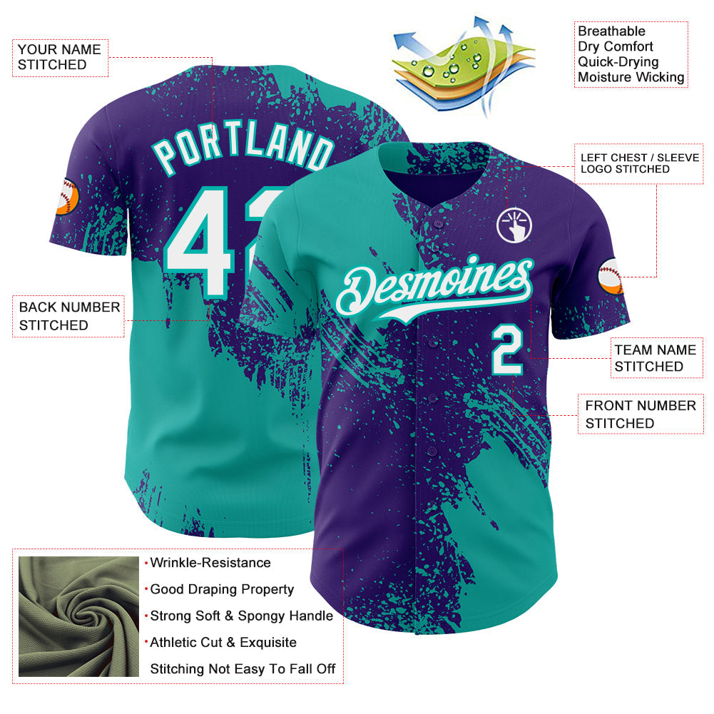 Custom Purple White-Aqua Abstract Brush Stroke Authentic Baseball Jersey view 3