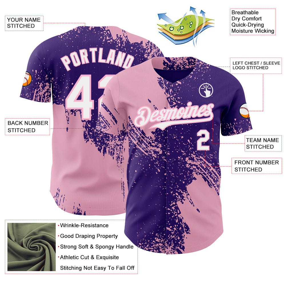 Custom Purple White-Light Pink Abstract Brush Stroke Authentic Baseball Jersey view 3