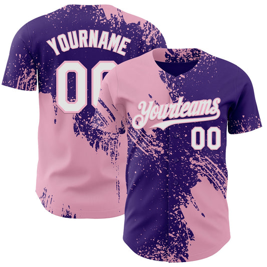 Custom Purple White-Light Pink Abstract Brush Stroke Authentic Baseball Jersey - Main View