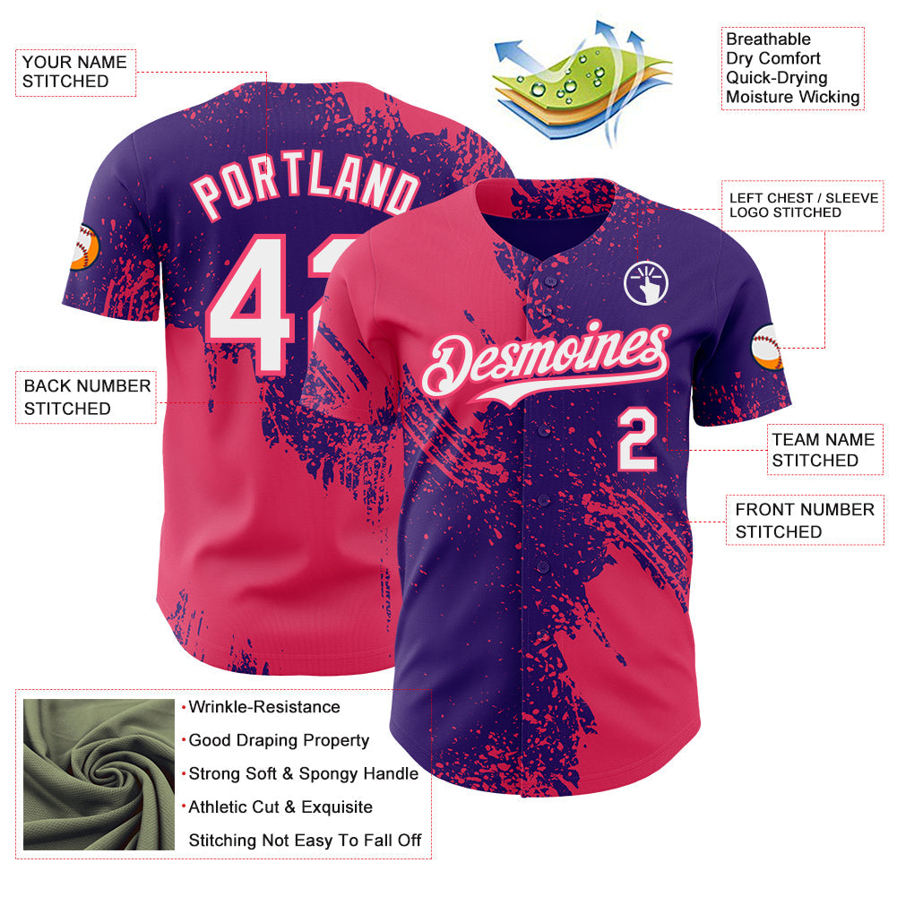Custom Purple White-Neon Pink Abstract Brush Stroke Authentic Baseball Jersey view 3