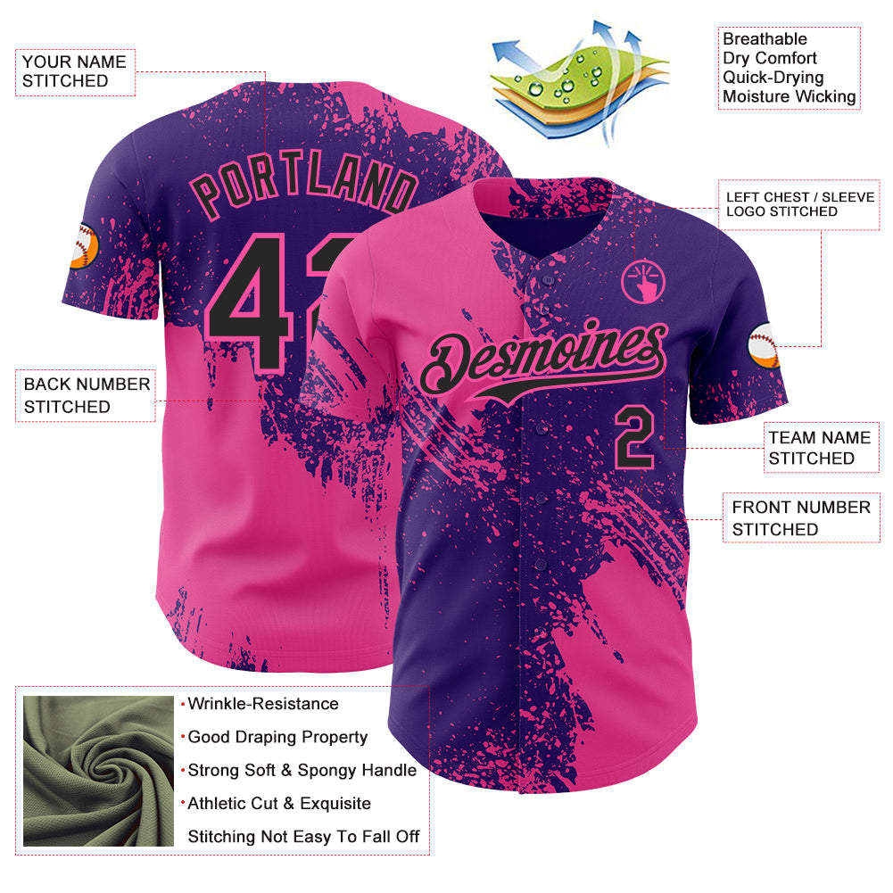Custom Purple Black-Pink Abstract Brush Stroke Authentic Baseball Jersey view 3