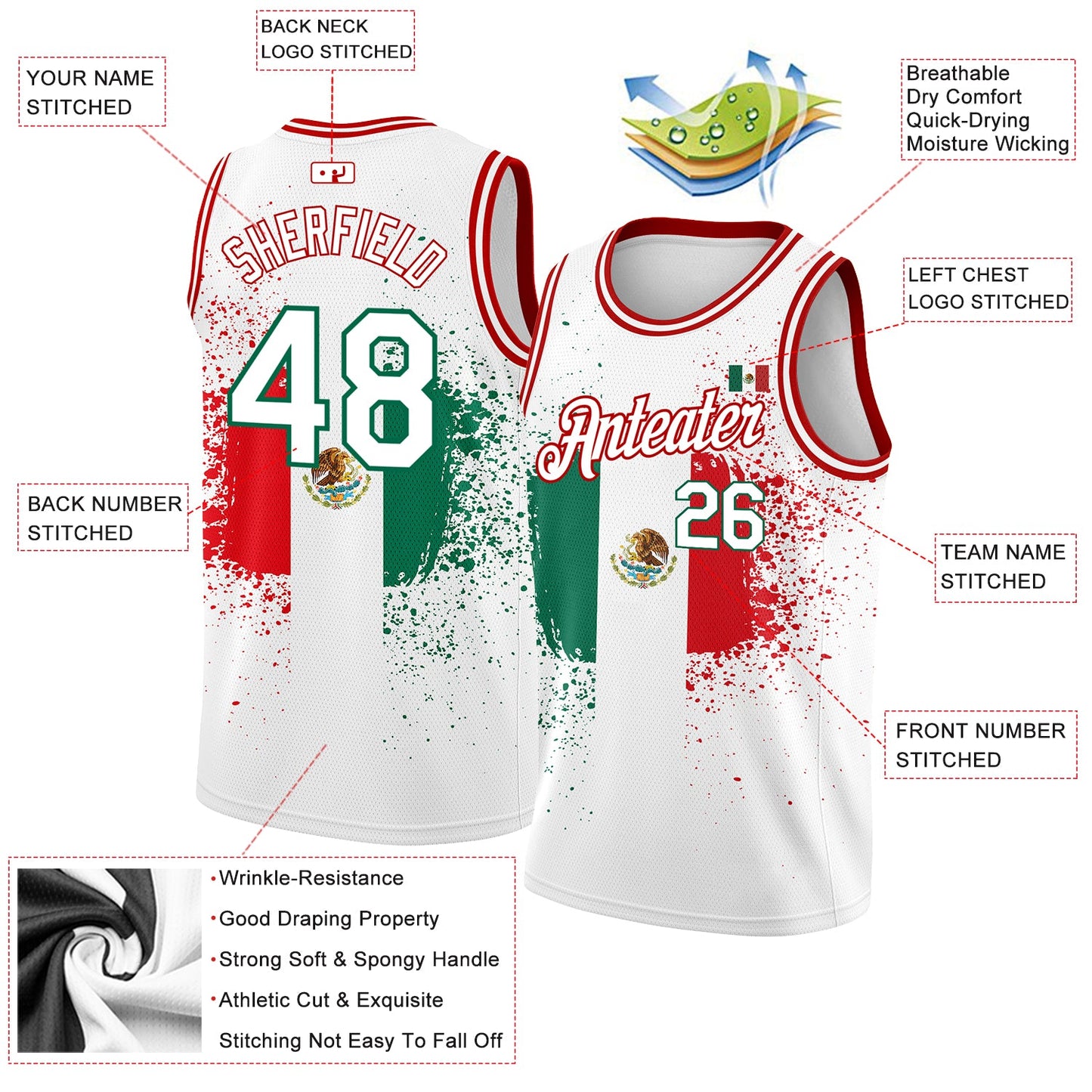 Custom White Kelly Green-Red 3D Mexican Flag Authentic Basketball Jersey view 2
