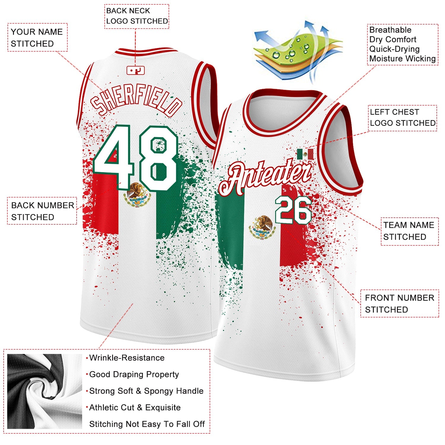 Custom White Kelly Green-Red 3D Mexican Flag Authentic Basketball Jersey view 2
