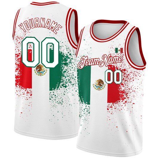 Custom White Kelly Green-Red 3D Mexican Flag Authentic Basketball Jersey - Main View