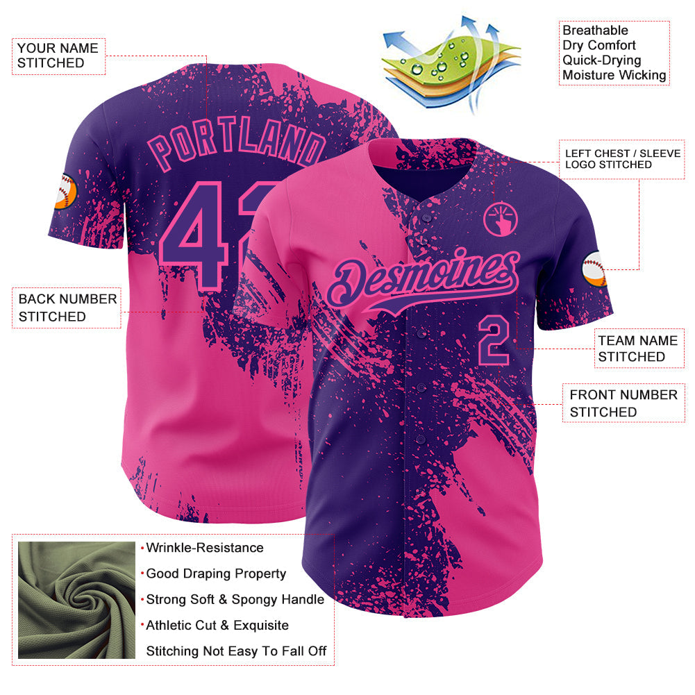 Custom Purple-Pink Abstract Brush Stroke Authentic Baseball Jersey view 3