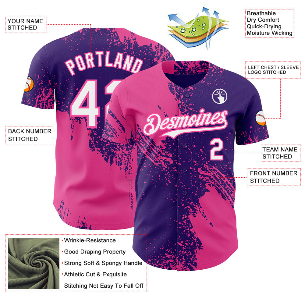 Custom Purple White-Pink Abstract Brush Stroke Authentic Baseball Jersey view 3
