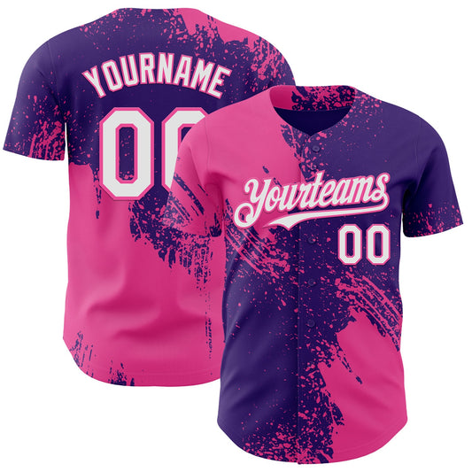 Custom Purple White-Pink Abstract Brush Stroke Authentic Baseball Jersey - Main View