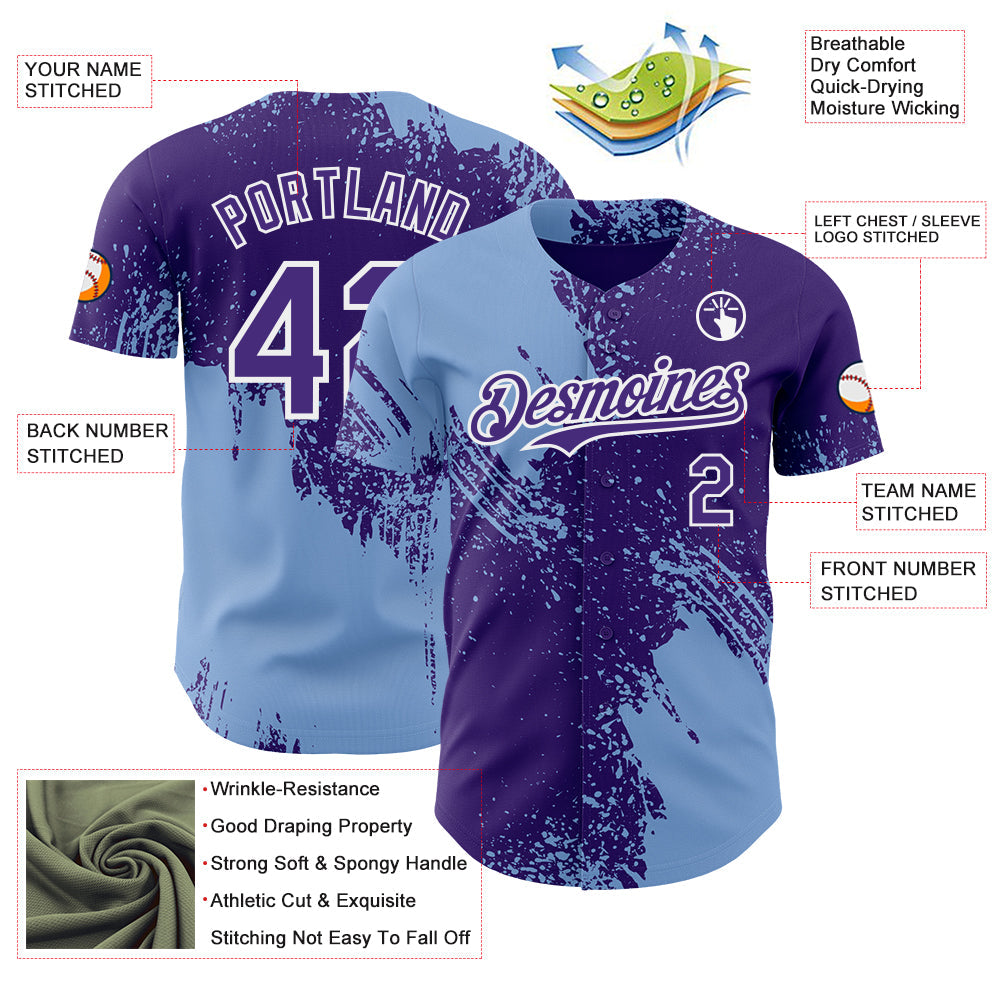 Custom Purple Light Blue-White Abstract Brush Stroke Authentic Baseball Jersey view 3