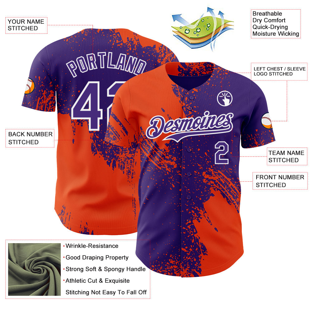 Custom Purple Orange-White Abstract Brush Stroke Authentic Baseball Jersey view 3
