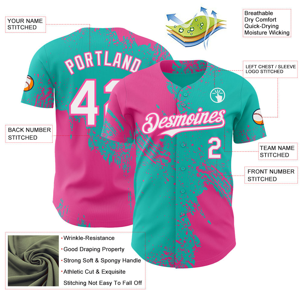 Custom Aqua White-Pink Abstract Brush Stroke Authentic Baseball Jersey view 3