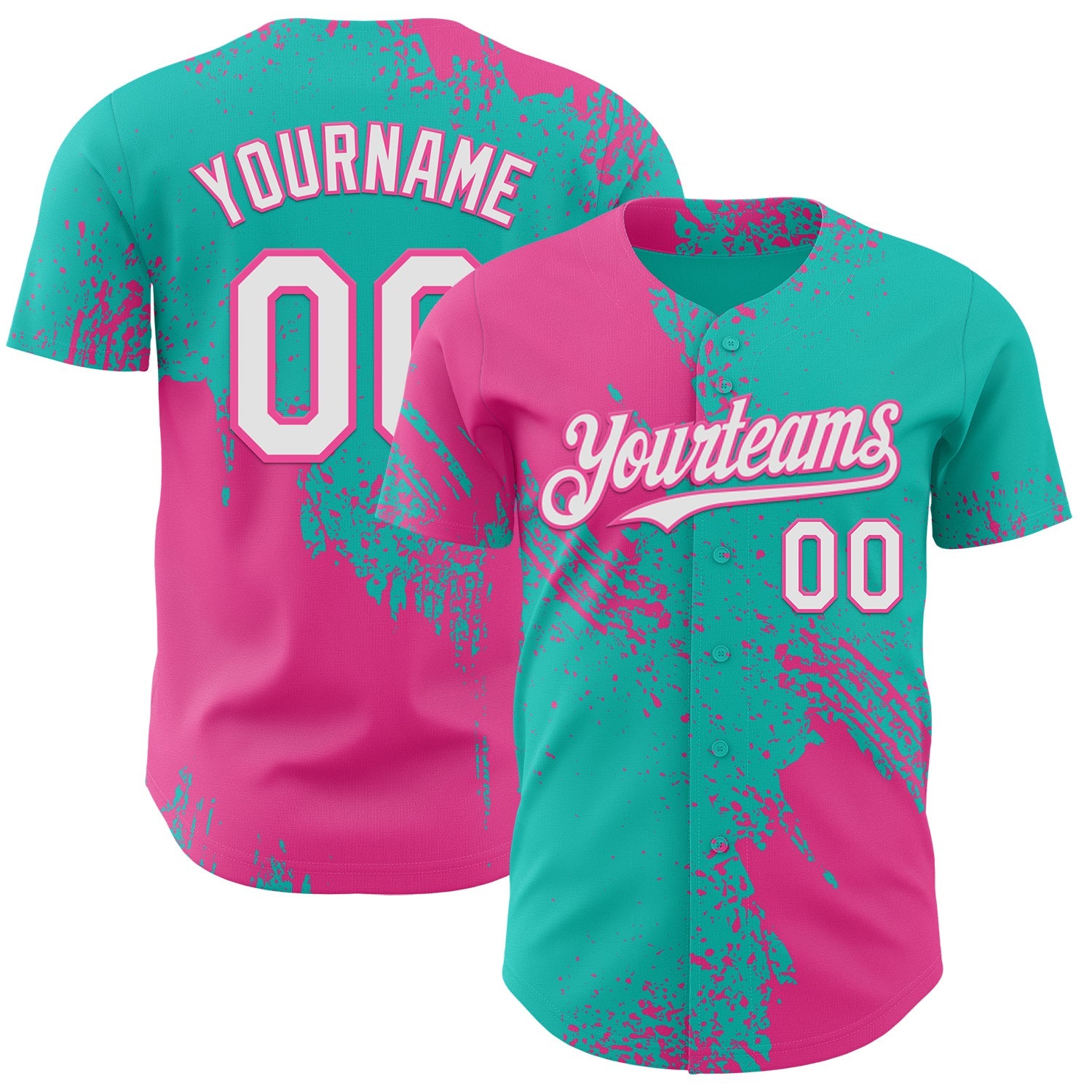 Custom Aqua White-Pink Abstract Brush Stroke Authentic Baseball Jersey - Main View
