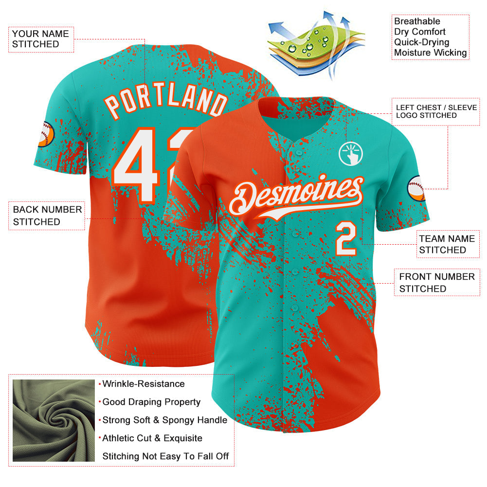 Custom Aqua White-Orange Abstract Brush Stroke Authentic Baseball Jersey view 3