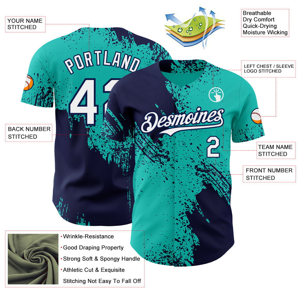 Custom Aqua White-Navy Abstract Brush Stroke Authentic Baseball Jersey view 3