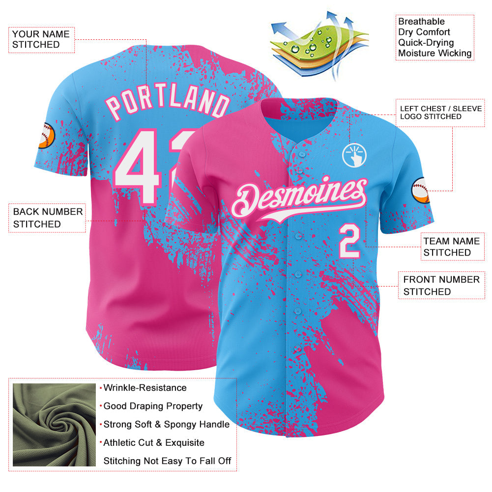 Custom Sky Blue White-Pink Abstract Brush Stroke Authentic Baseball Jersey view 3
