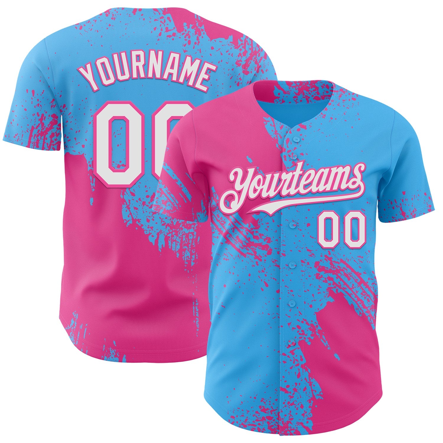 Custom Sky Blue White-Pink Abstract Brush Stroke Authentic Baseball Jersey - Main View