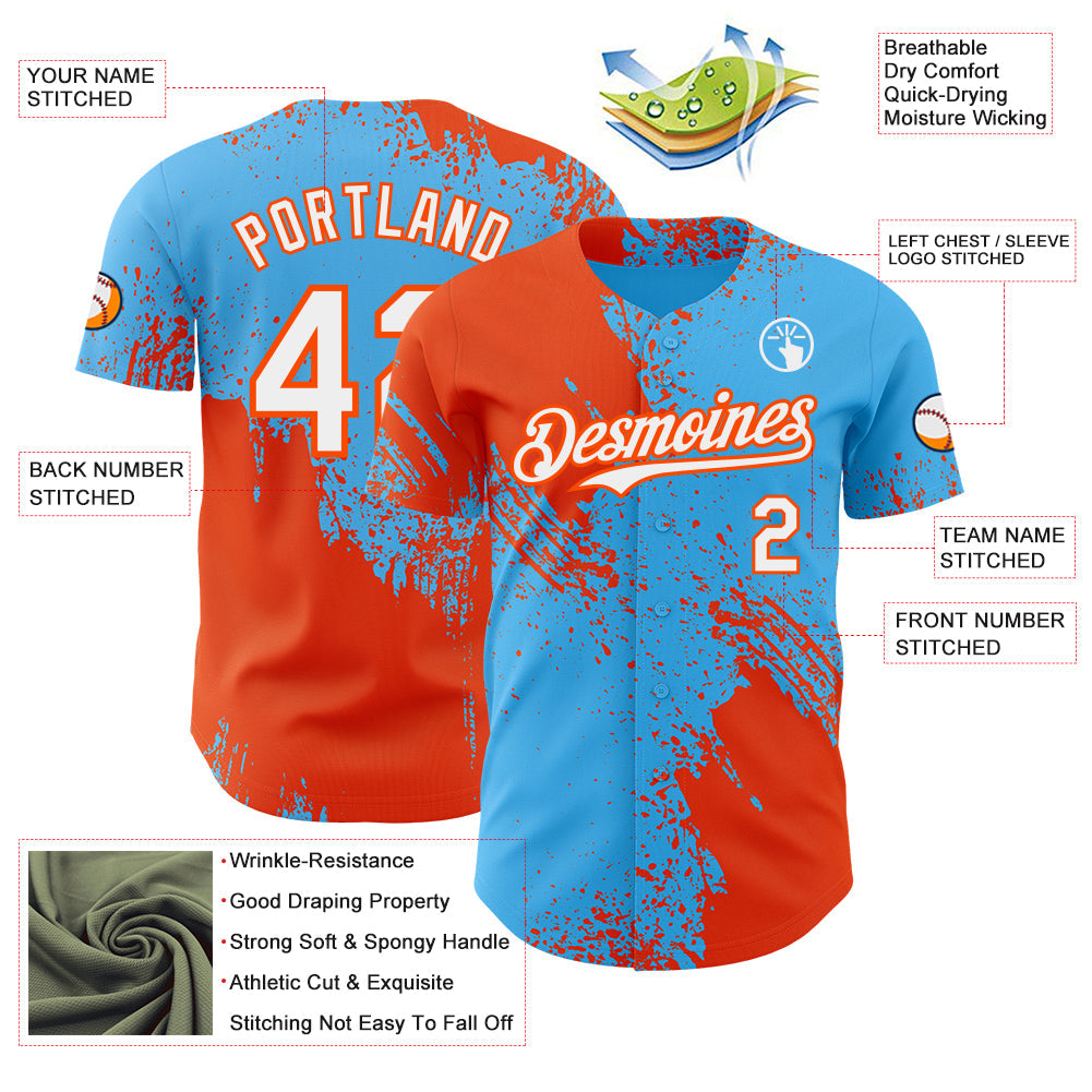 Custom Sky Blue White-Orange Abstract Brush Stroke Authentic Baseball Jersey view 3