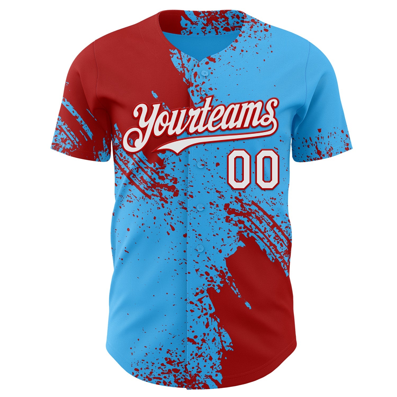 Custom Sky Blue White-Red Abstract Brush Stroke Authentic Baseball Jersey view 2