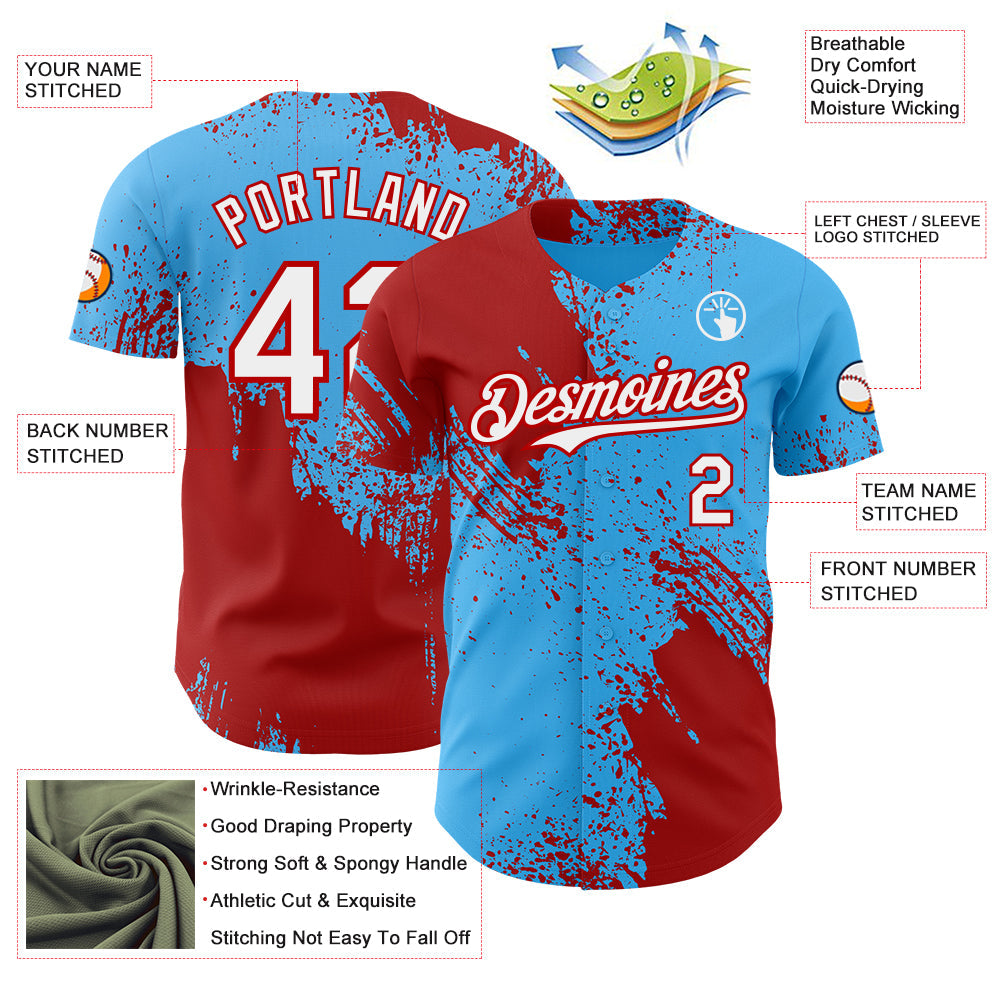 Custom Sky Blue White-Red Abstract Brush Stroke Authentic Baseball Jersey view 3