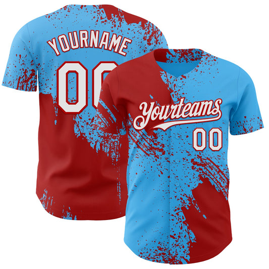 Custom Sky Blue White-Red Abstract Brush Stroke Authentic Baseball Jersey - Main View
