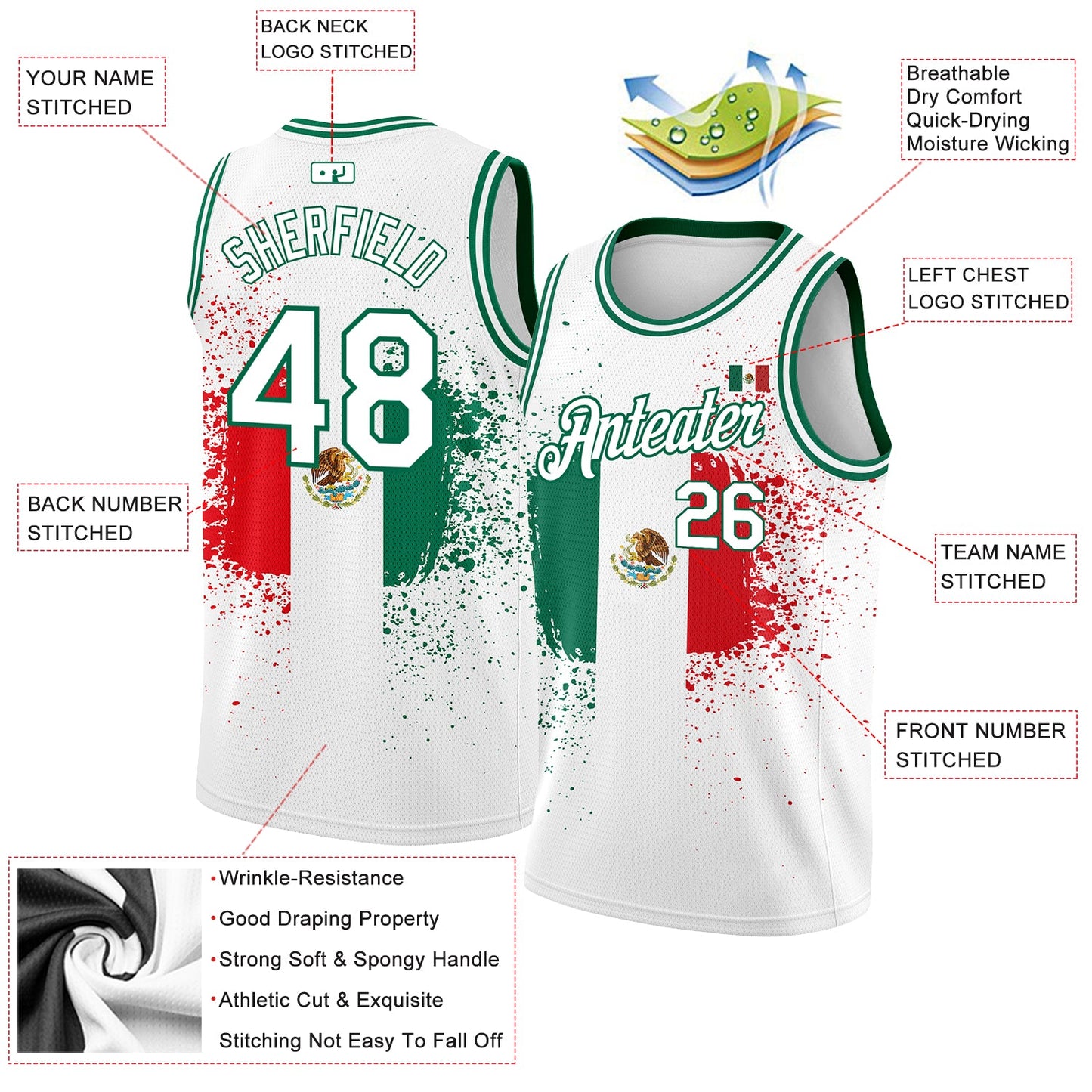 Custom White Kelly Green-Red 3D Mexican Flag Authentic Basketball Jersey view 2
