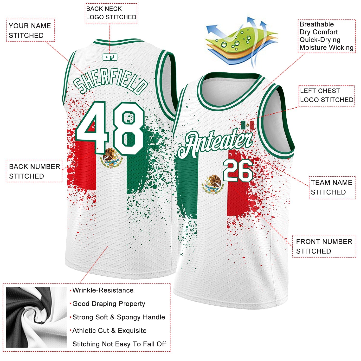 Custom White Kelly Green-Red 3D Mexican Flag Authentic Basketball Jersey view 2
