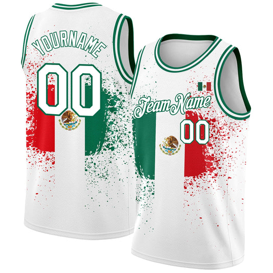 Custom White Kelly Green-Red 3D Mexican Flag Authentic Basketball Jersey - Main View