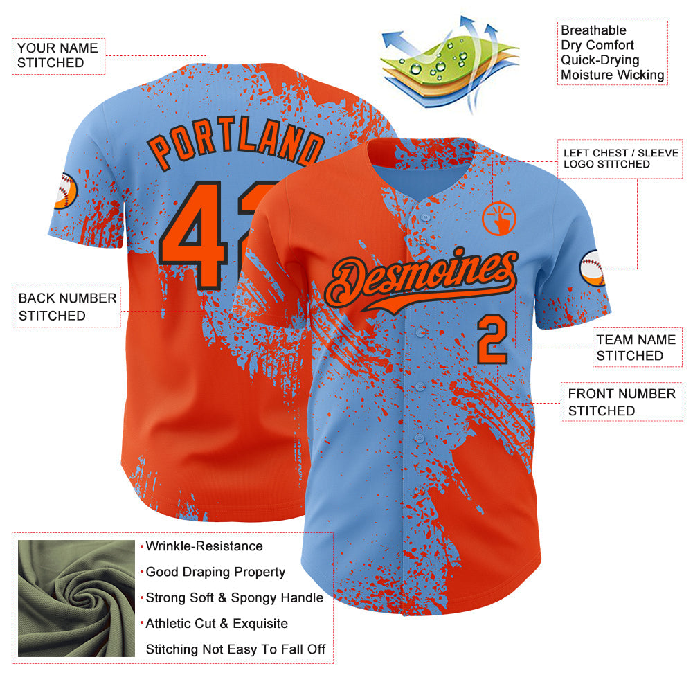 Custom Light Blue Orange-Black Abstract Brush Stroke Authentic Baseball Jersey view 3