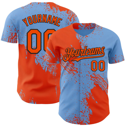 Custom Light Blue Orange-Black Abstract Brush Stroke Authentic Baseball Jersey - Main View