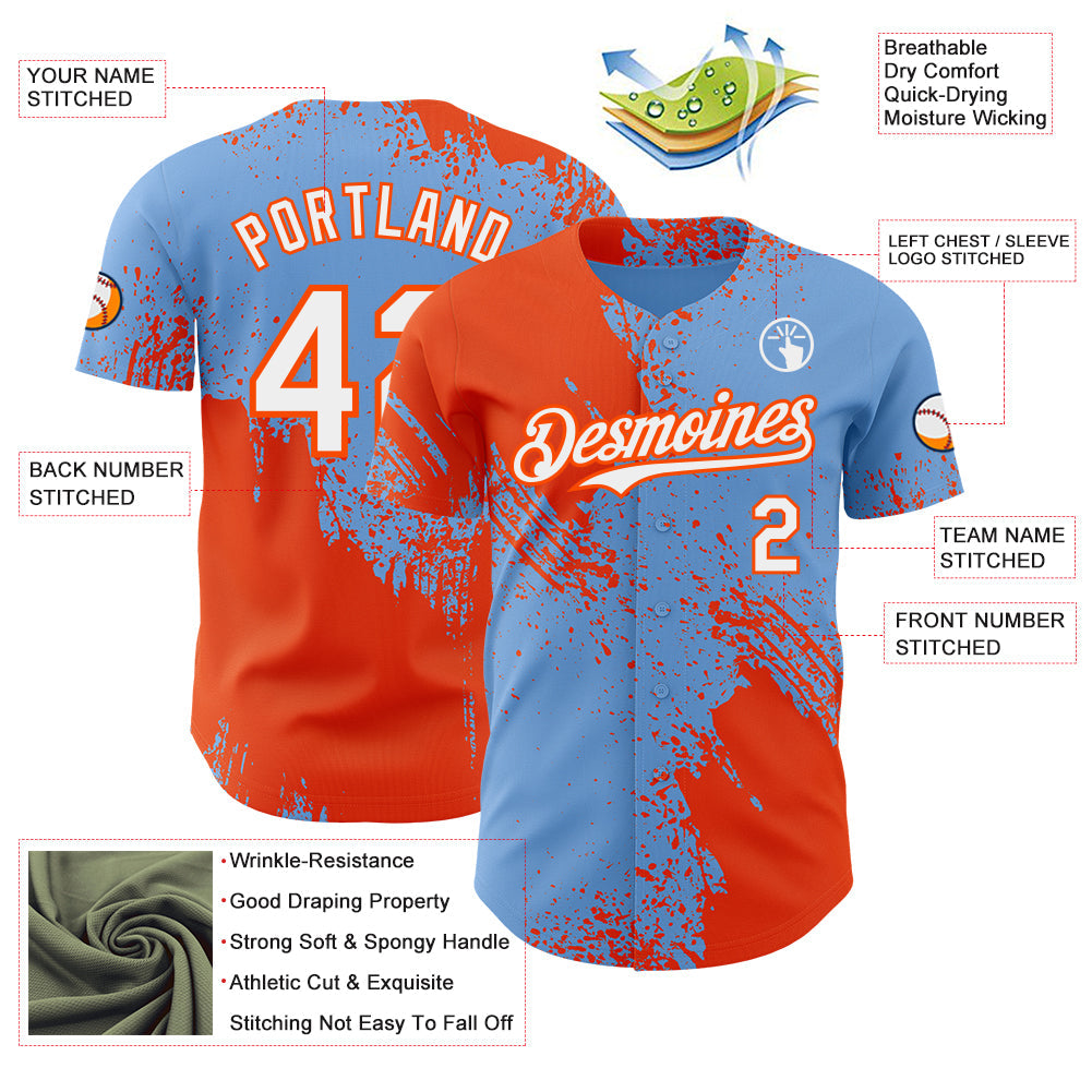 Custom Light Blue White-Orange Abstract Brush Stroke Authentic Baseball Jersey view 3