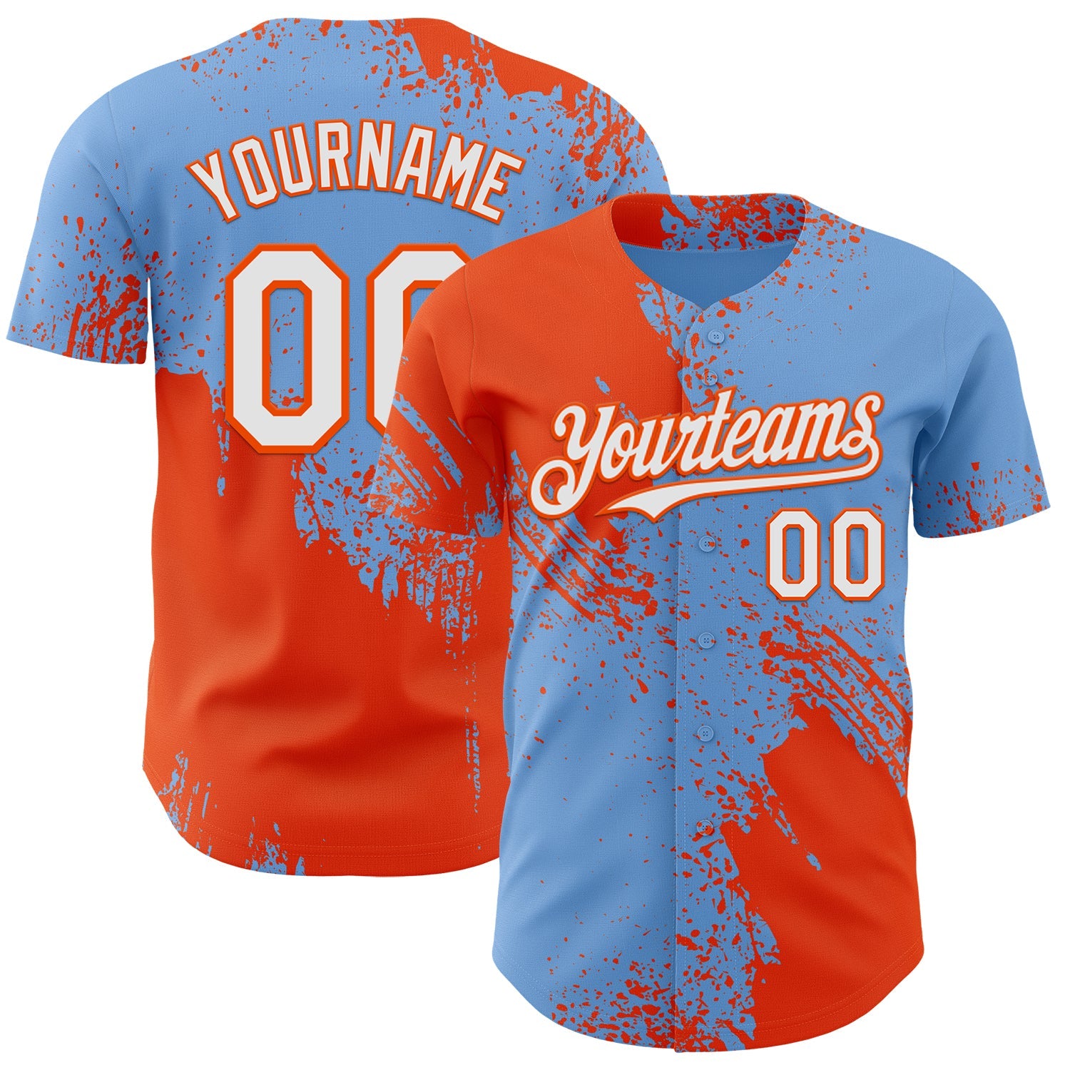Custom Light Blue White-Orange Abstract Brush Stroke Authentic Baseball Jersey - Main View