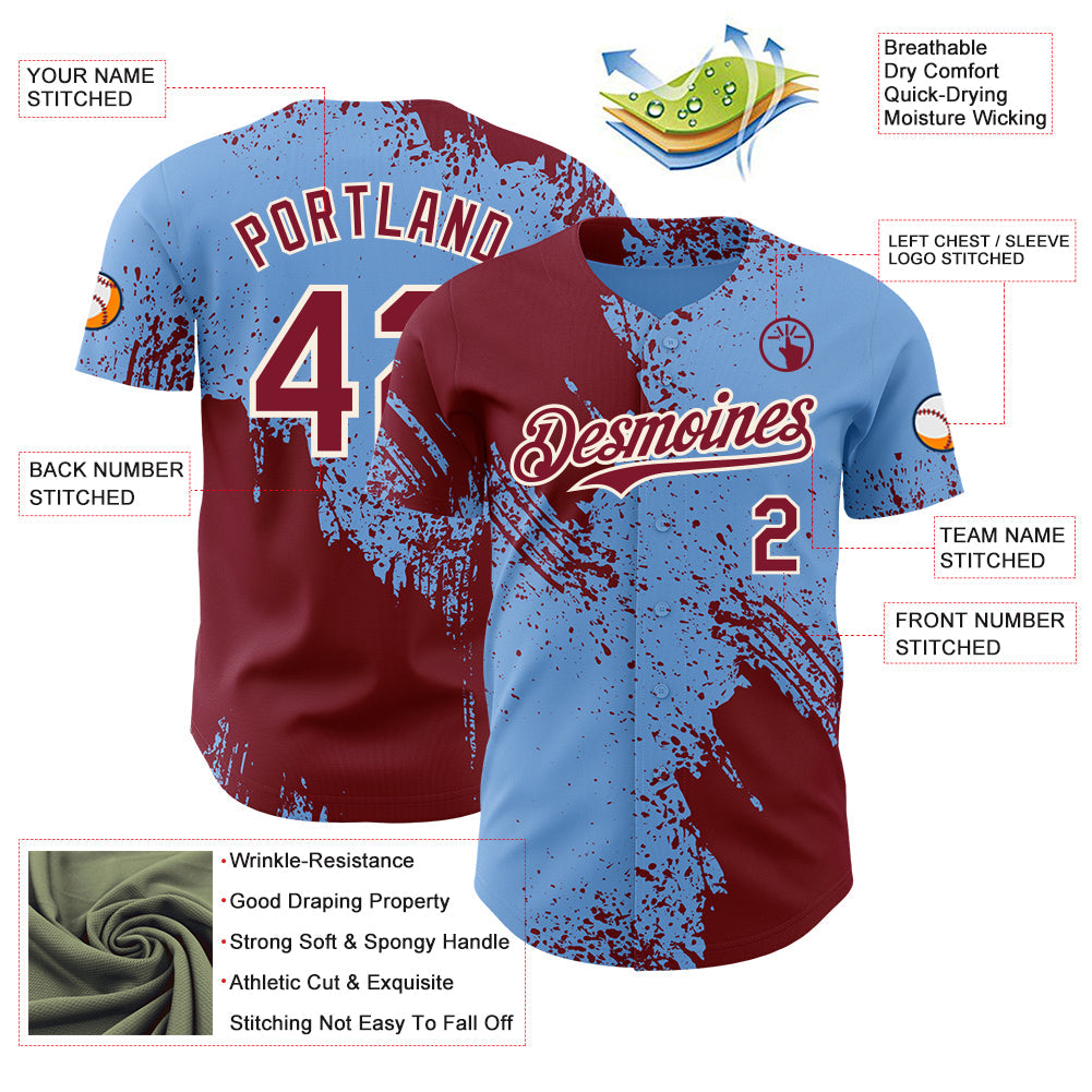 Custom Light Blue Crimson-Cream Abstract Brush Stroke Authentic Baseball Jersey view 3