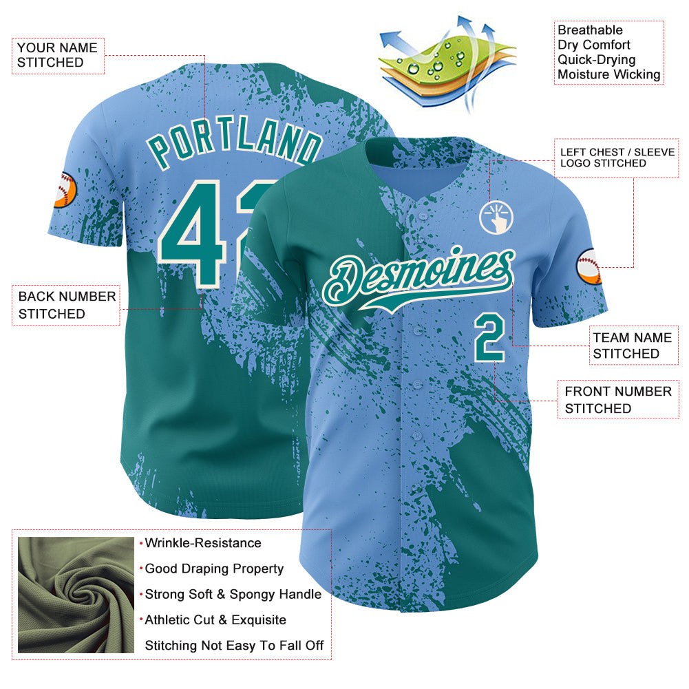 Custom Light Blue Teal-Cream Abstract Brush Stroke Authentic Baseball Jersey view 3