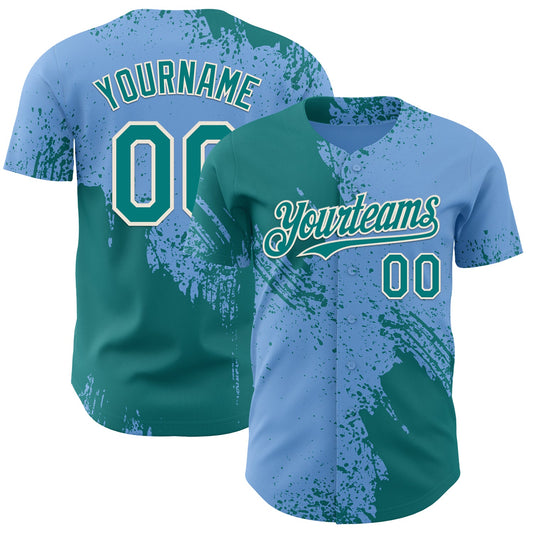 Custom Light Blue Teal-Cream Abstract Brush Stroke Authentic Baseball Jersey - Main View