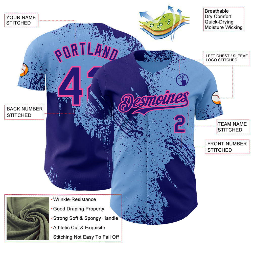 Custom Light Blue Dark Purple-Pink Abstract Brush Stroke Authentic Baseball Jersey view 3
