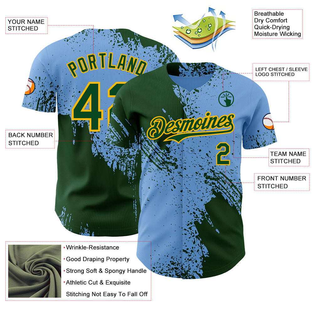 Custom Light Blue Green-Gold Abstract Brush Stroke Authentic Baseball Jersey view 3