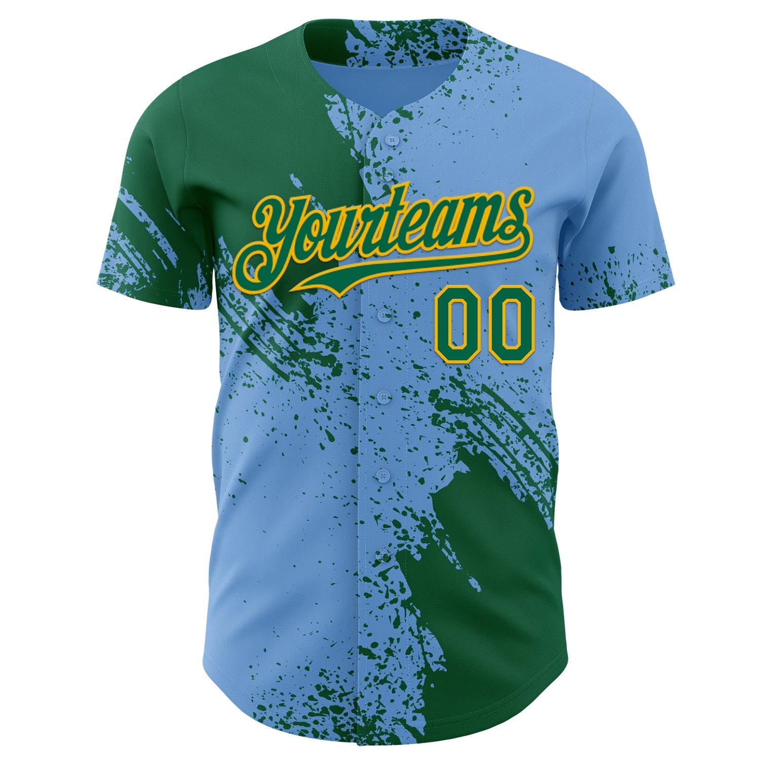 Custom Light Blue Kelly Green-Gold Abstract Brush Stroke Authentic Baseball Jersey view 2