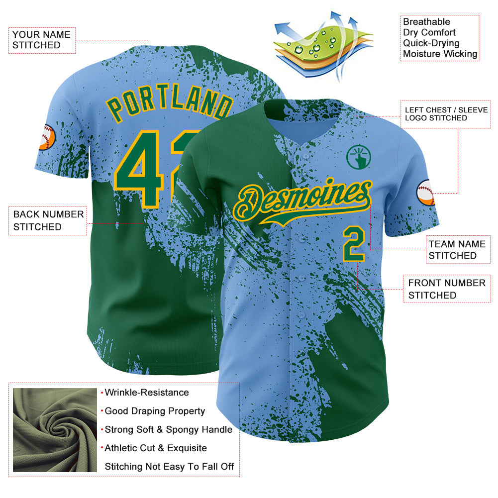 Custom Light Blue Kelly Green-Gold Abstract Brush Stroke Authentic Baseball Jersey view 3