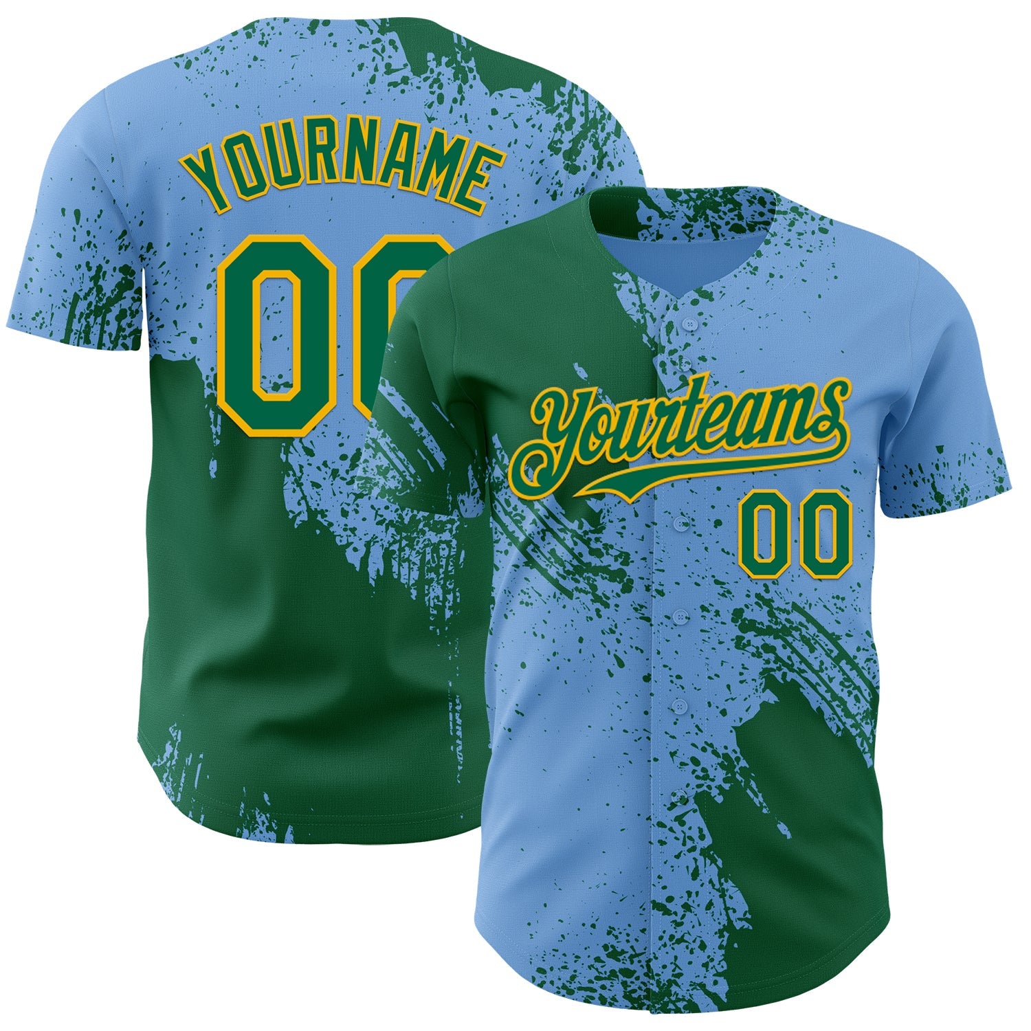 Custom Light Blue Kelly Green-Gold Abstract Brush Stroke Authentic Baseball Jersey - Main View