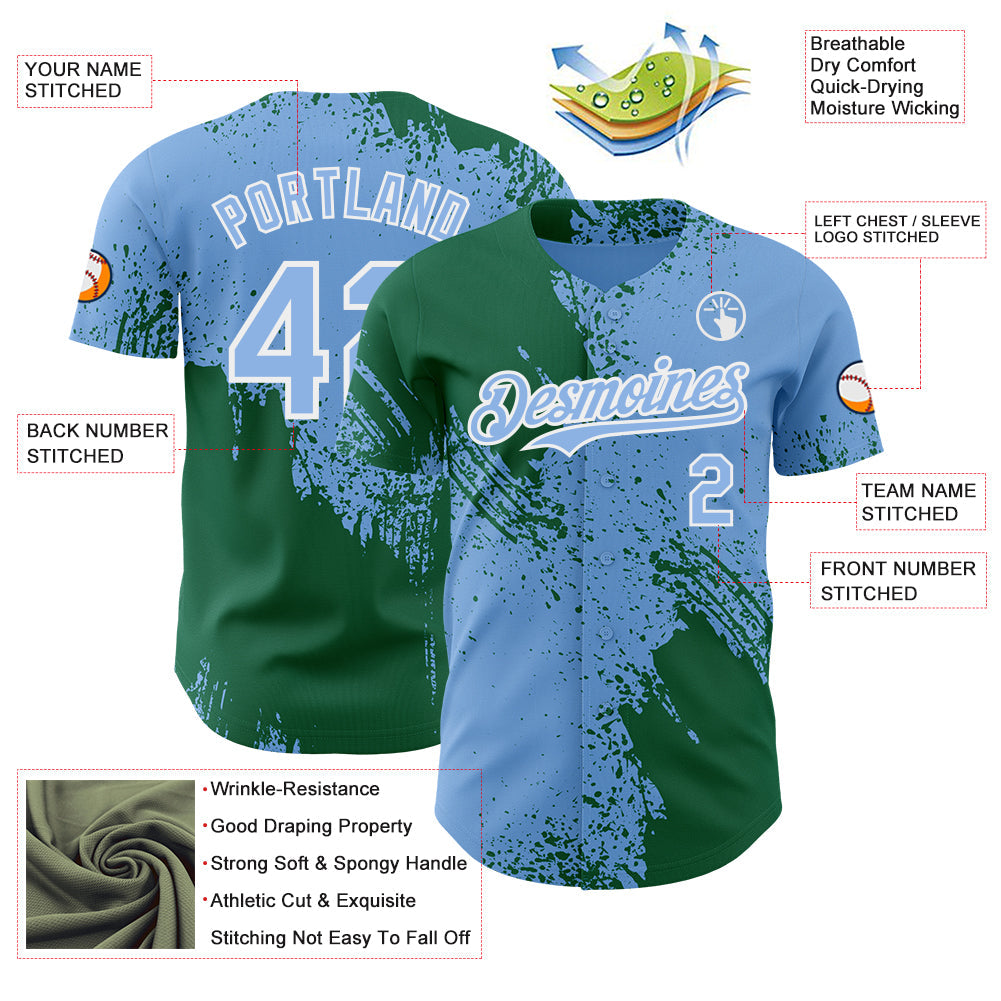Custom Light Blue Kelly Green-White Abstract Brush Stroke Authentic Baseball Jersey view 3