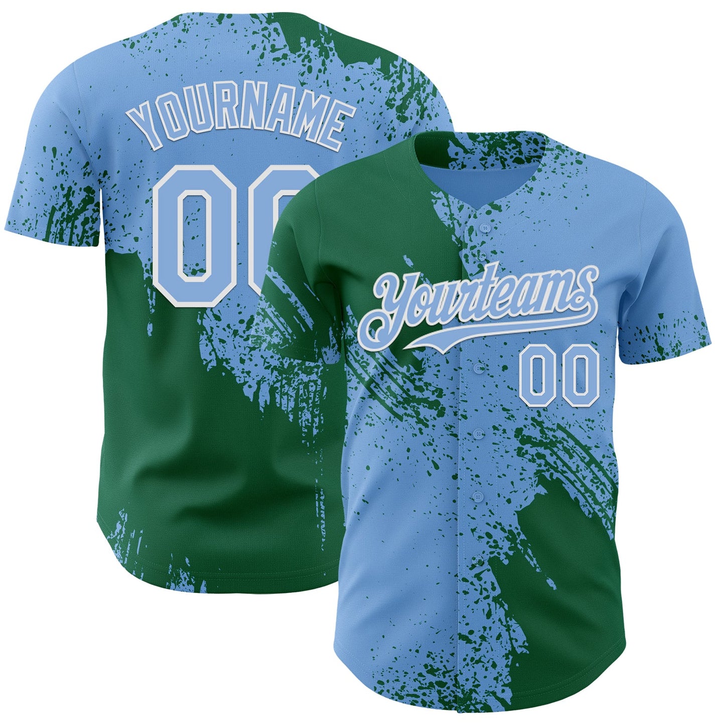 Custom Light Blue Kelly Green-White Abstract Brush Stroke Authentic Baseball Jersey - Main View