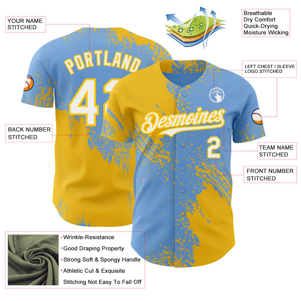 Custom Light Blue White-Yellow Abstract Brush Stroke Authentic Baseball Jersey view 3