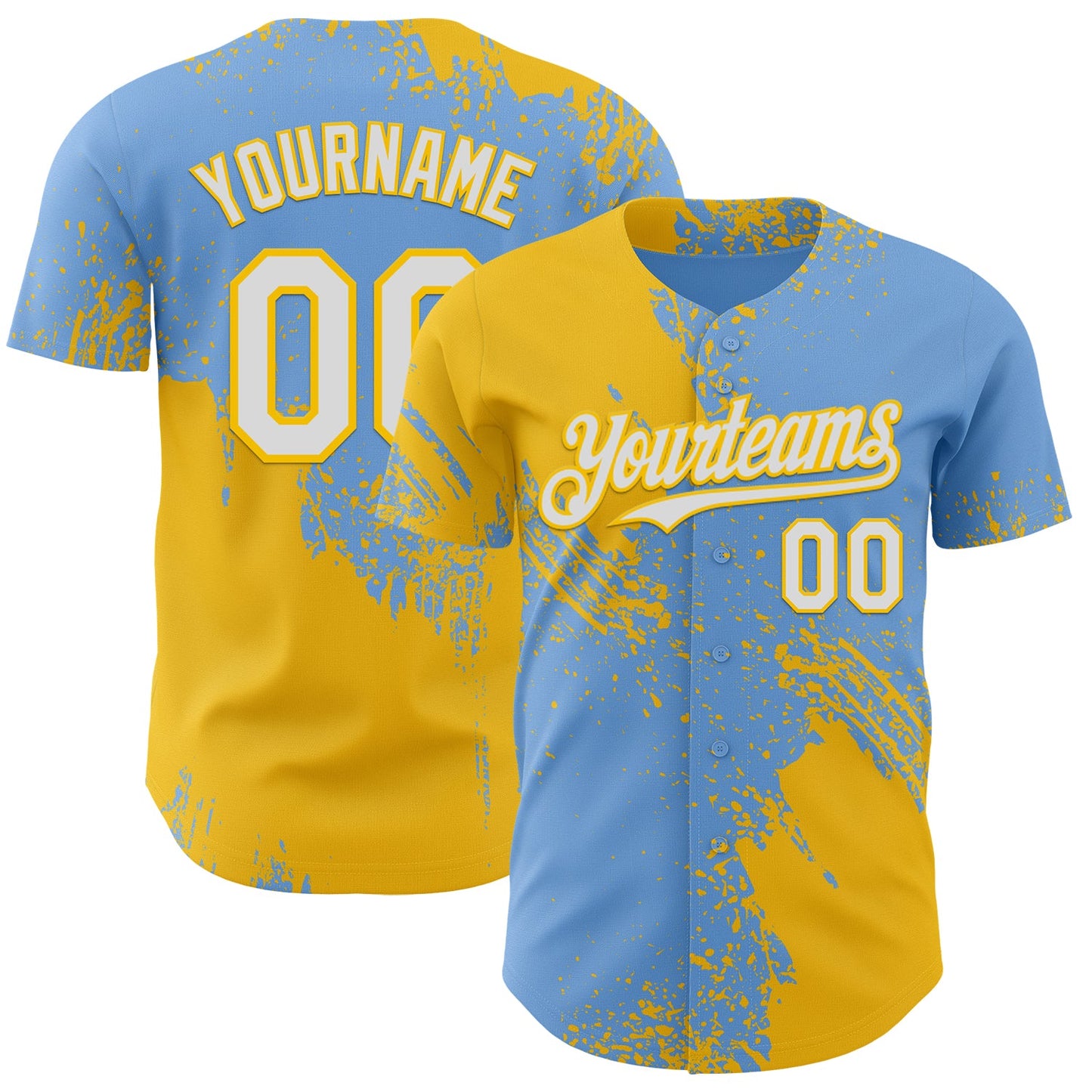 Custom Light Blue White-Yellow Abstract Brush Stroke Authentic Baseball Jersey - Main View